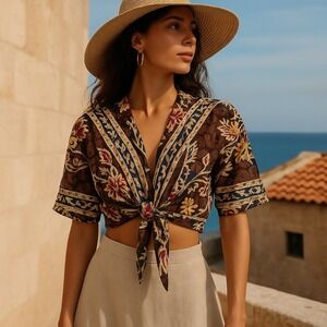 Vintage Gideon Oberson Made in Israel 100% Cotton Tie Front Boho Crop Top S